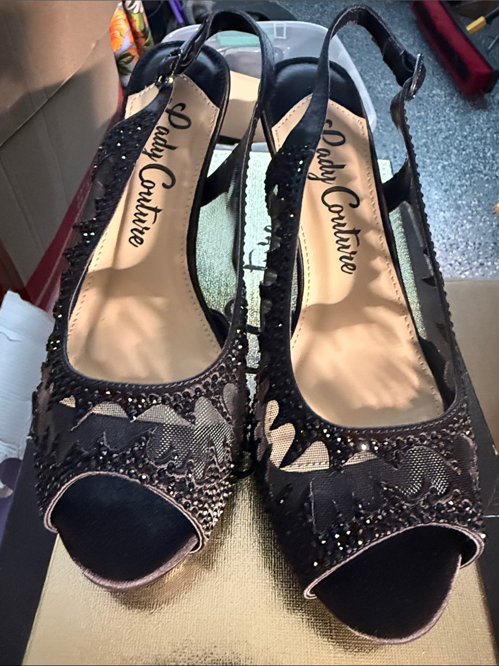 Lady Couture Black Embellished Peep-Toe Slingback Heels